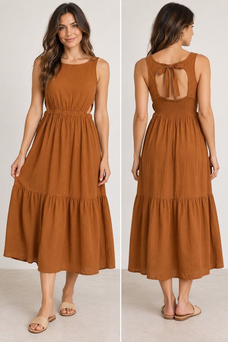Sincerely Jules Small Rust Brown Linen Blend Tiered Midi Dress Open Back